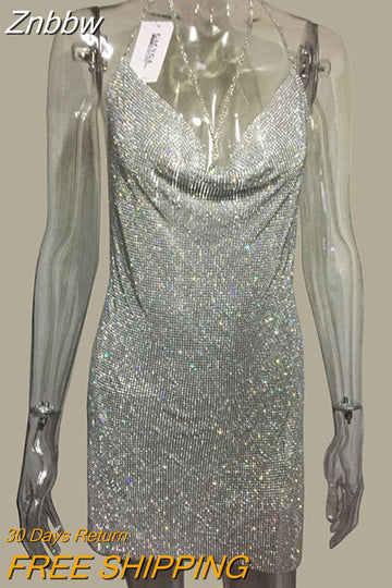 Znbbw Crystal Metal Halter Shining Summer Dress High Split Women Beach Dress Sequin Mini Sexy Party Dresses Vestidos